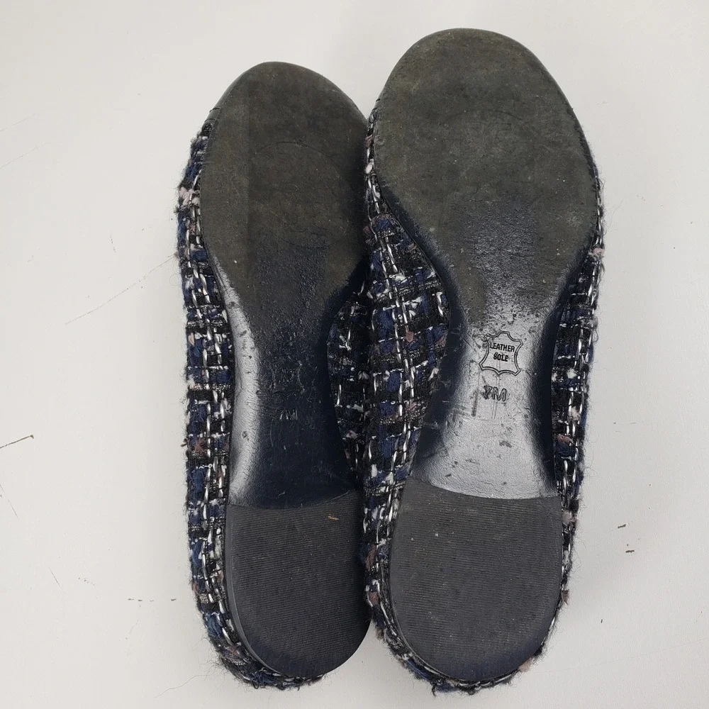 Tory Burch Serena Tweed Ballet Flats Navy Blue Gold Logo‎ Medallion Size 7M